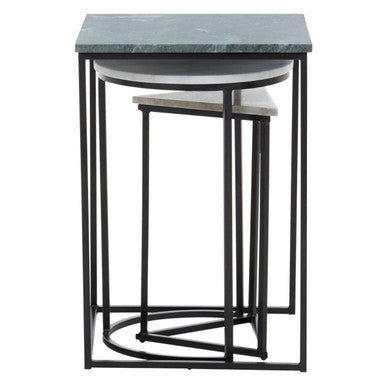 Marble Top Nest of 3 Tables with Black Metal Bases in Assorted Tones and Shapes