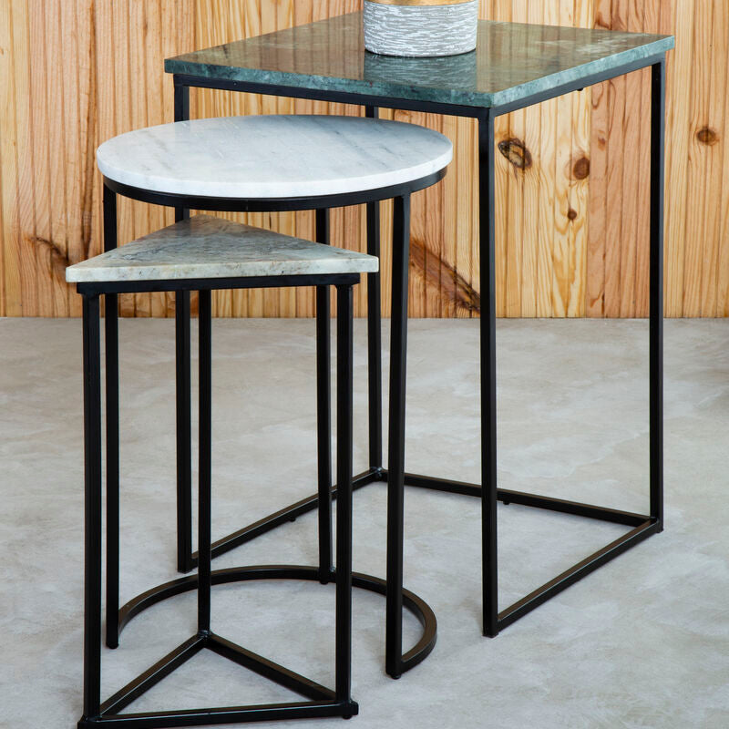 Marble Top Nest of 3 Tables with Black Metal Bases in Assorted Tones and Shapes