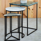Marble Top Nest of 3 Tables with Black Metal Bases in Assorted Tones and Shapes