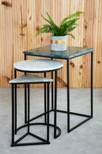 Marble Top Nest of 3 Tables with Black Metal Bases in Assorted Tones and Shapes