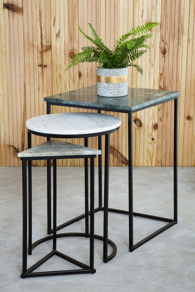 Marble Top Nest of 3 Tables with Black Metal Bases in Assorted Tones and Shapes