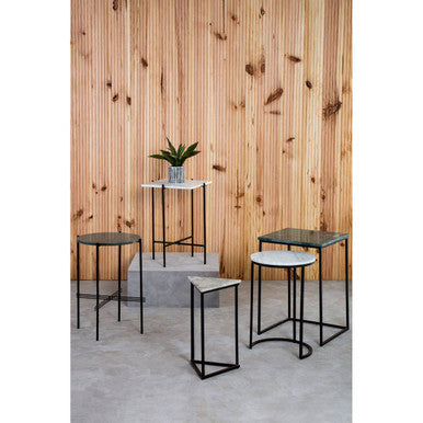 Marble Top Nest of 3 Tables with Black Metal Bases in Assorted Tones and Shapes