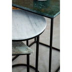 Marble Top Nest of 3 Tables with Black Metal Bases in Assorted Tones and Shapes