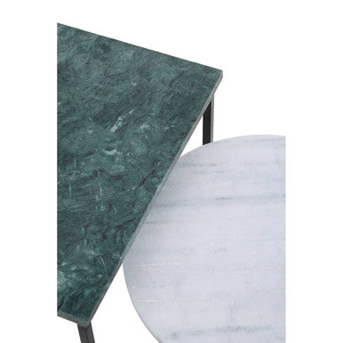 Marble Top Nest of 3 Tables with Black Metal Bases in Assorted Tones and Shapes