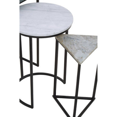 Marble Top Nest of 3 Tables with Black Metal Bases in Assorted Tones and Shapes