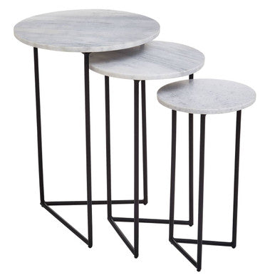 Nest of 3 White Marble Top Side Tables with Black Metal Triangular Bases