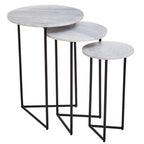 Nest of 3 White Marble Top Side Tables with Black Metal Triangular Bases