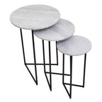 Nest of 3 White Marble Top Side Tables with Black Metal Triangular Bases