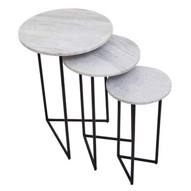 Nest of 3 White Marble Top Side Tables with Black Metal Triangular Bases
