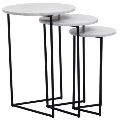 Nest of 3 White Marble Top Side Tables with Black Metal Triangular Bases