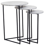 Nest of 3 White Marble Top Side Tables with Black Metal Triangular Bases