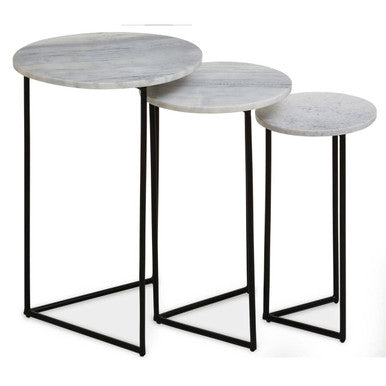 Nest of 3 White Marble Top Side Tables with Black Metal Triangular Bases