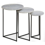 Nest of 3 White Marble Top Side Tables with Black Metal Triangular Bases