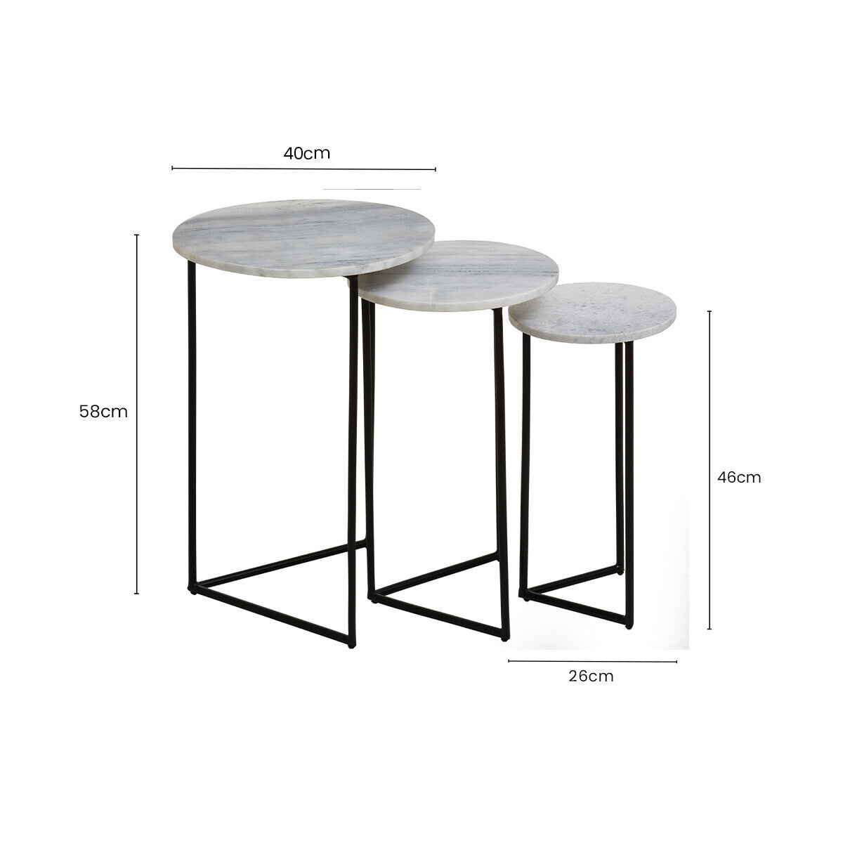 Nest of 3 White Marble Top Side Tables with Black Metal Triangular Bases