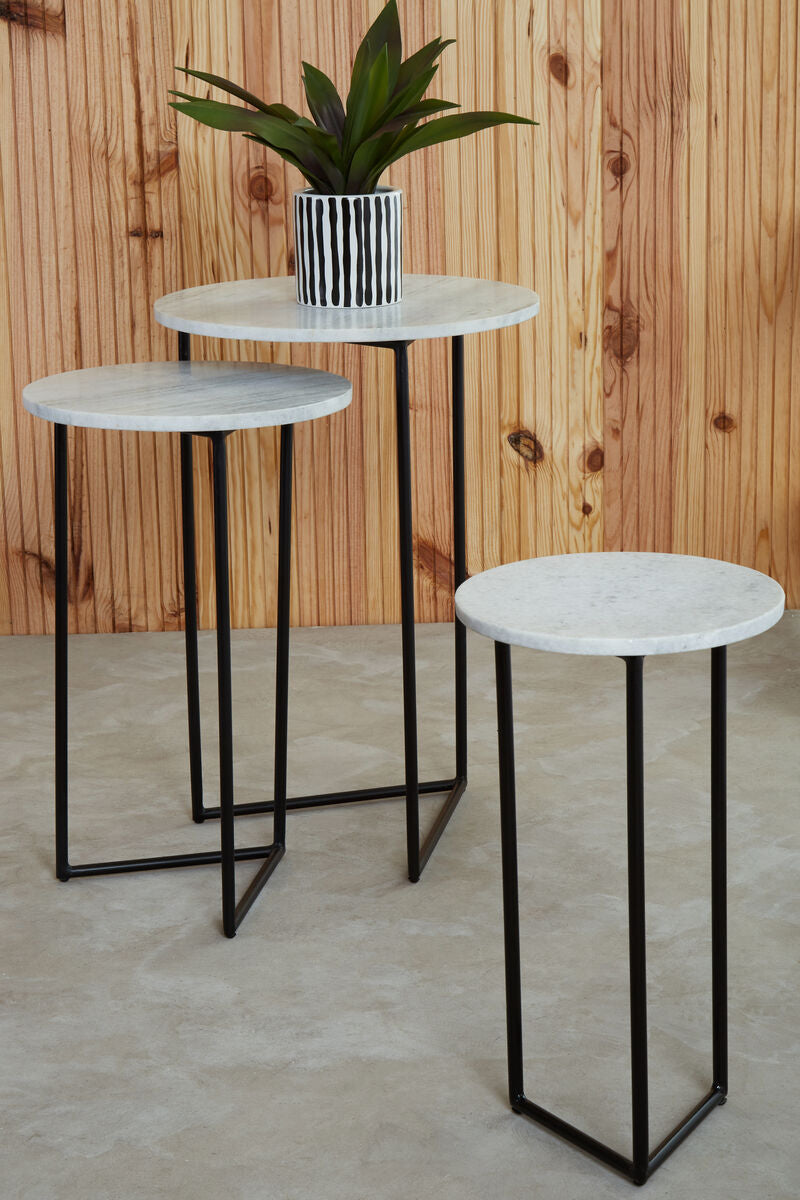 Nest of 3 White Marble Top Side Tables with Black Metal Triangular Bases