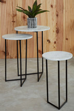 Nest of 3 White Marble Top Side Tables with Black Metal Triangular Bases