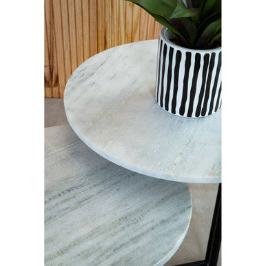 Nest of 3 White Marble Top Side Tables with Black Metal Triangular Bases