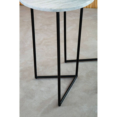 Nest of 3 White Marble Top Side Tables with Black Metal Triangular Bases