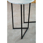 Nest of 3 White Marble Top Side Tables with Black Metal Triangular Bases