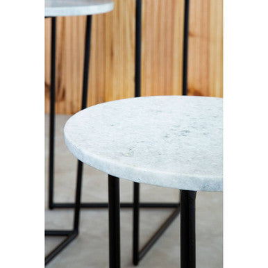 Nest of 3 White Marble Top Side Tables with Black Metal Triangular Bases