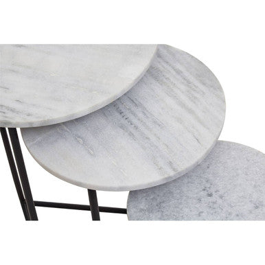 Nest of 3 White Marble Top Side Tables with Black Metal Triangular Bases