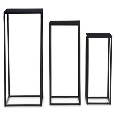 Nest of 3 Black Side Tables with Metal Base and Black Tops