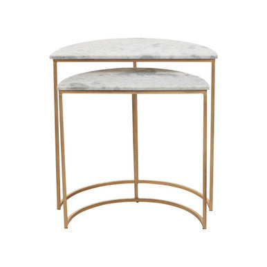 Nest of 2 White Marble Top Semicircular Side Tables with Gold Metal Open Frames