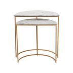 Nest of 2 White Marble Top Semicircular Side Tables with Gold Metal Open Frames