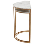 Nest of 2 White Marble Top Semicircular Side Tables with Gold Metal Open Frames