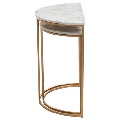 Nest of 2 White Marble Top Semicircular Side Tables with Gold Metal Open Frames
