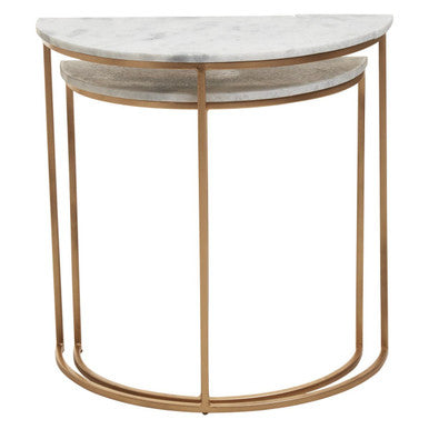 Nest of 2 White Marble Top Semicircular Side Tables with Gold Metal Open Frames