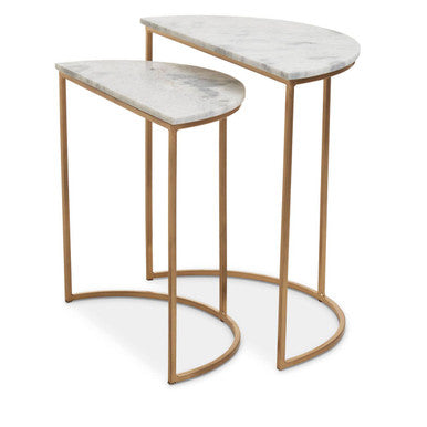 Nest of 2 White Marble Top Semicircular Side Tables with Gold Metal Open Frames
