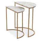 Nest of 2 White Marble Top Semicircular Side Tables with Gold Metal Open Frames