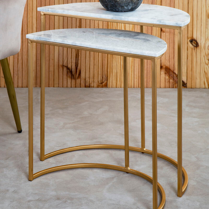 Nest of 2 White Marble Top Semicircular Side Tables with Gold Metal Open Frames