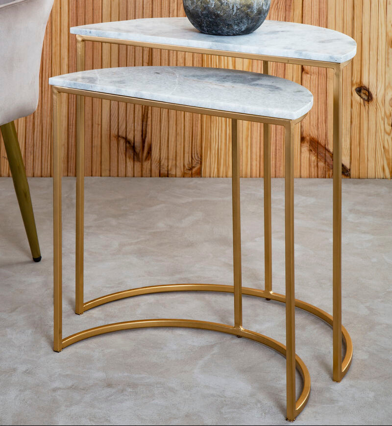 Nest of 2 White Marble Top Semicircular Side Tables with Gold Metal Open Frames