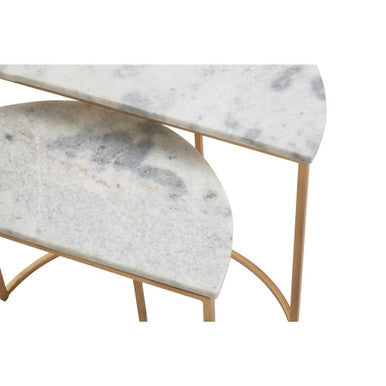 Nest of 2 White Marble Top Semicircular Side Tables with Gold Metal Open Frames