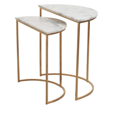 Nest of 2 White Marble Top Semicircular Side Tables with Gold Metal Open Frames