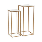 Nest of 2 White Marble Square Top Side Tables with Gold Metal Frame