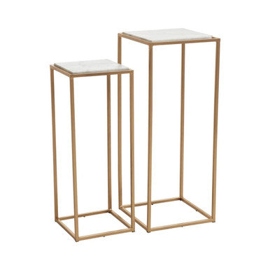Nest of 2 White Marble Square Top Side Tables with Gold Metal Frame