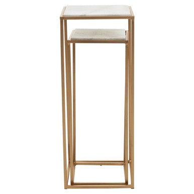 Nest of 2 White Marble Square Top Side Tables with Gold Metal Frame