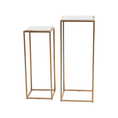 Nest of 2 White Marble Square Top Side Tables with Gold Metal Frame
