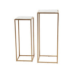 Nest of 2 White Marble Square Top Side Tables with Gold Metal Frame