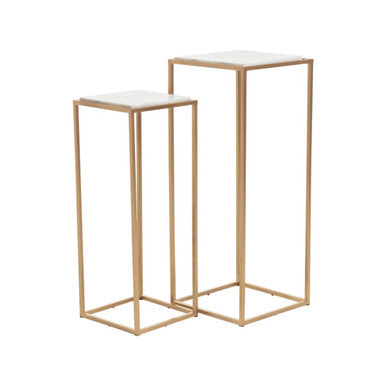 Nest of 2 White Marble Square Top Side Tables with Gold Metal Frame