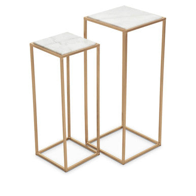 Nest of 2 White Marble Square Top Side Tables with Gold Metal Frame