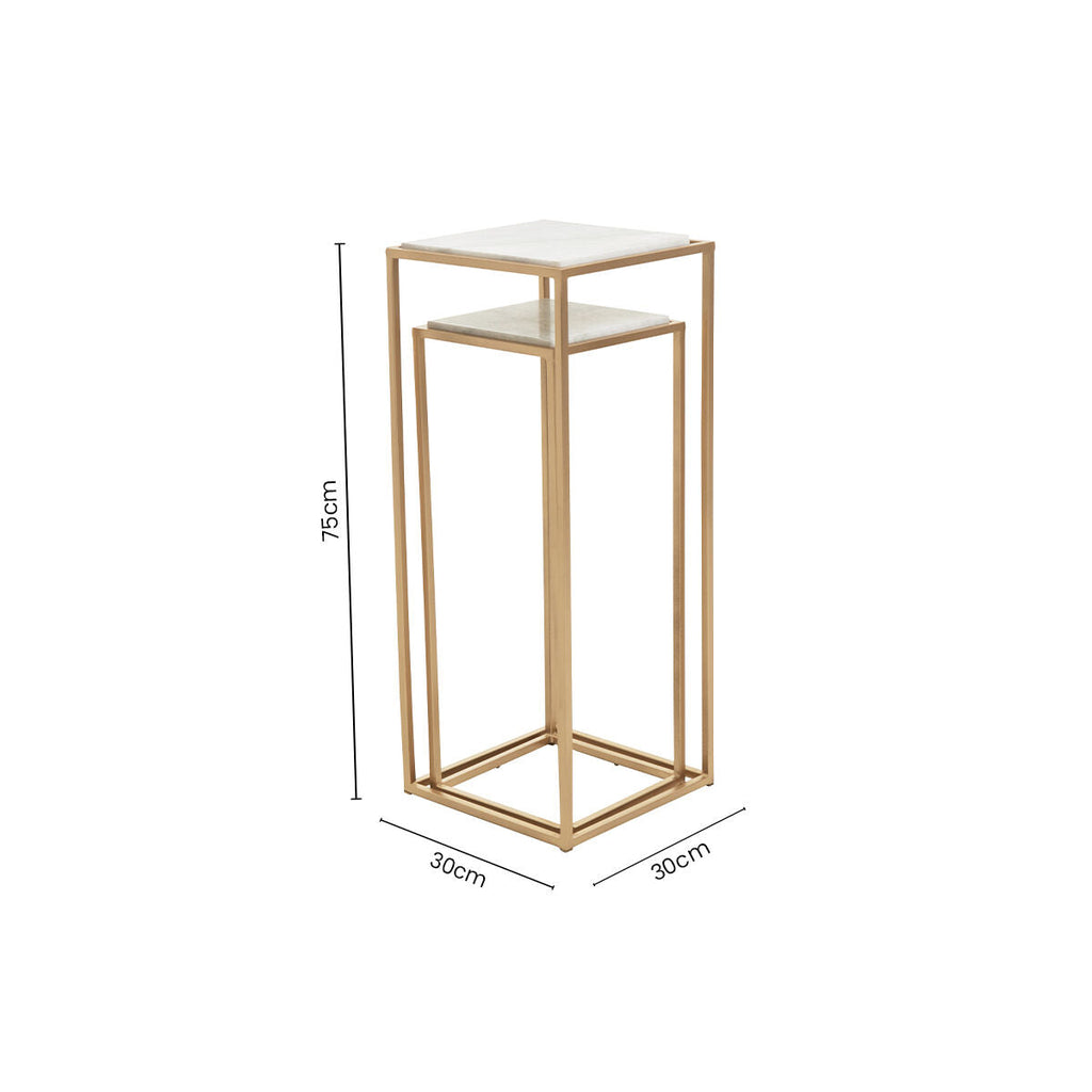 Nest of 2 White Marble Square Top Side Tables with Gold Metal Frame