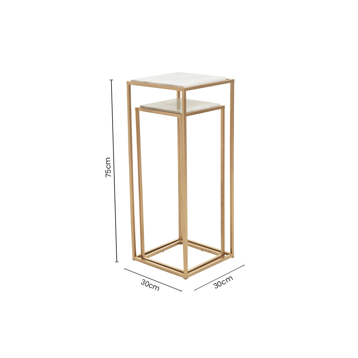 Nest of 2 White Marble Square Top Side Tables with Gold Metal Frame
