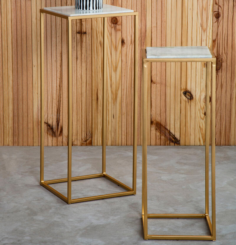 Nest of 2 White Marble Square Top Side Tables with Gold Metal Frame