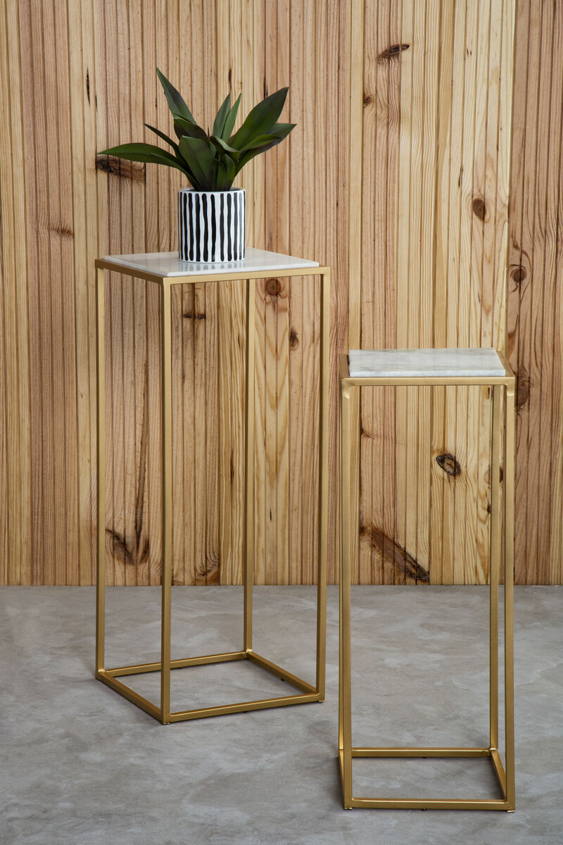 Nest of 2 White Marble Square Top Side Tables with Gold Metal Frame