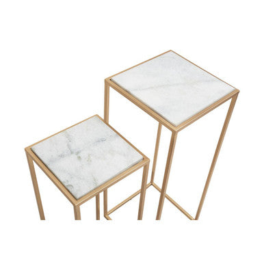 Nest of 2 White Marble Square Top Side Tables with Gold Metal Frame