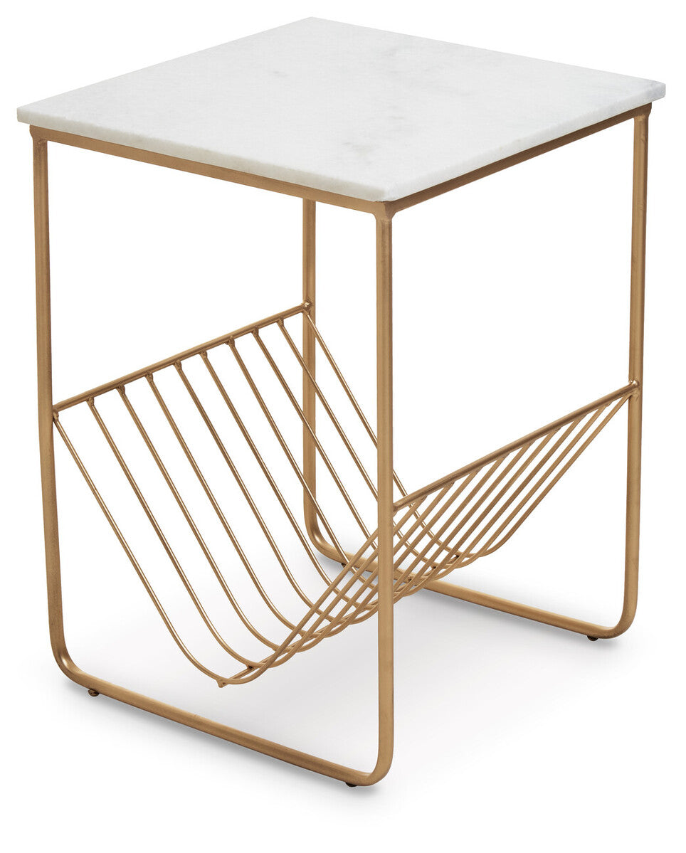 White Marble Top Side Table with Interconnected Gold Metal Frame and Open Rack Storage